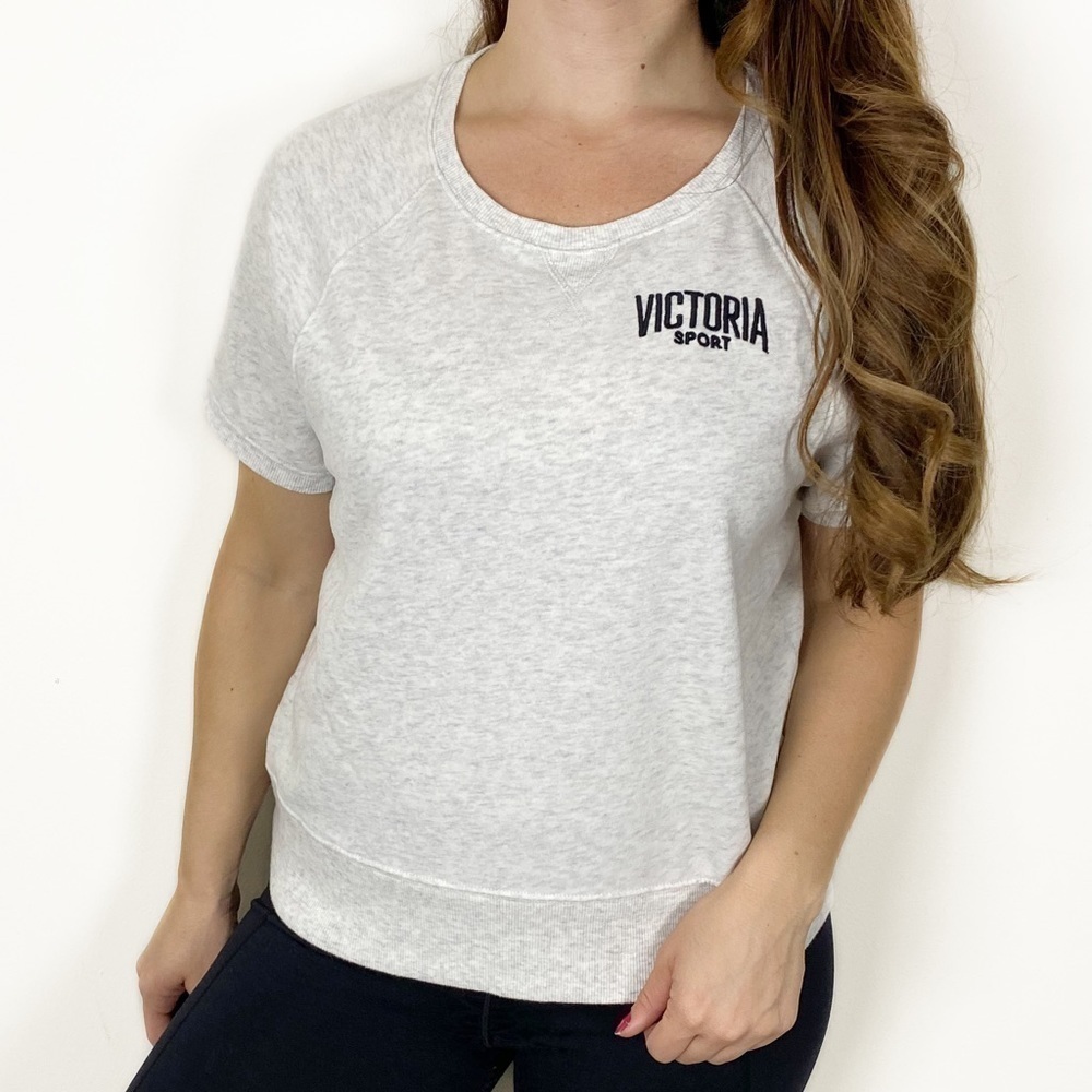 VS VICTORIA SPORT Heathered Grey Short Sleeve Sweatshirt Soft Cozy Lounge Large